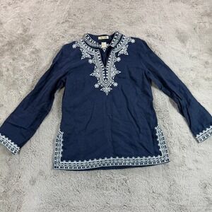 Ecology-gie Women's Embroidered 100% Linen Tunic Top Navy Blue‎ Boho Size M